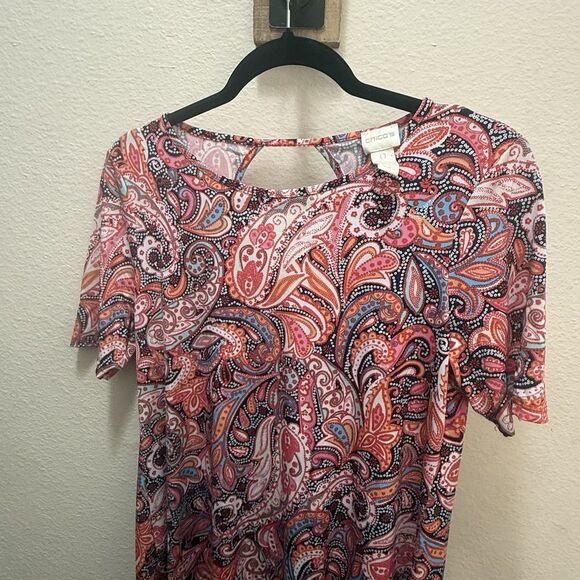 Chico's Size 0 Paisley Tunic Top Blouse Short Sleeve Stretch Orange Pink - Picture 3 of 8